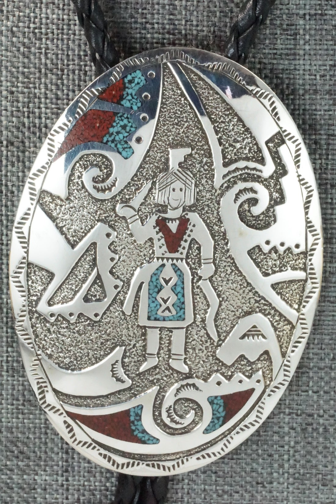 Turquoise, Coral & Sterling Silver Bolo Tie - Raymond Begay