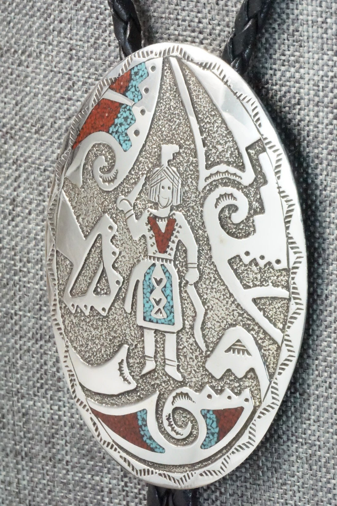 Turquoise, Coral & Sterling Silver Bolo Tie - Raymond Begay