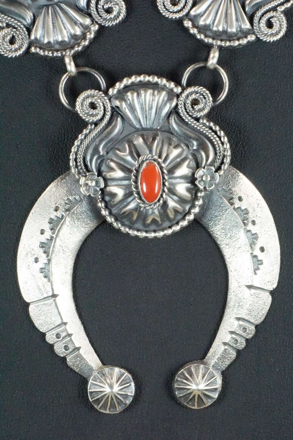 Coral & Sterling Silver Squash Blossom Necklace and Earrings - Hemerson Brown