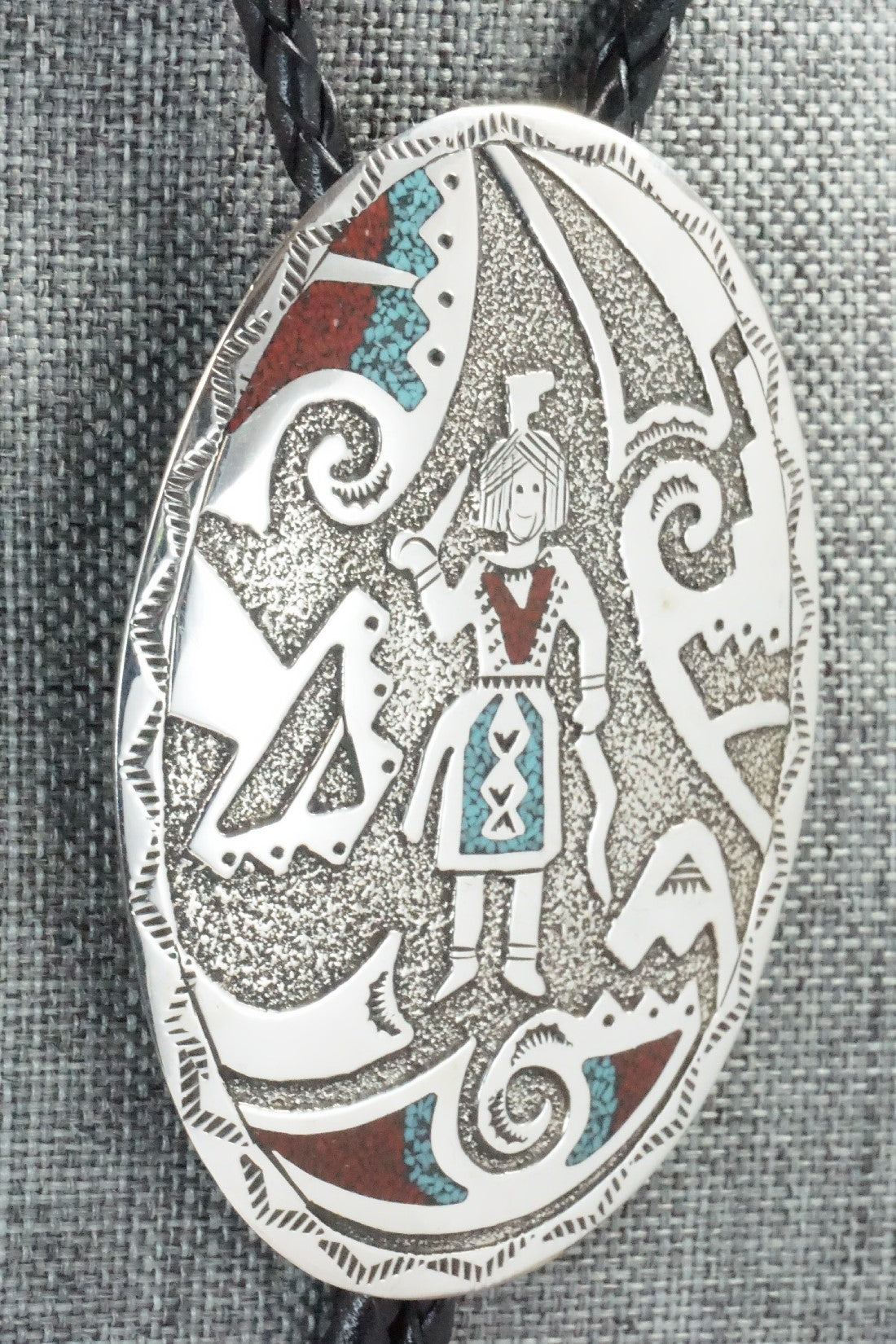 Turquoise, Coral & Sterling Silver Bolo Tie - Raymond Begay