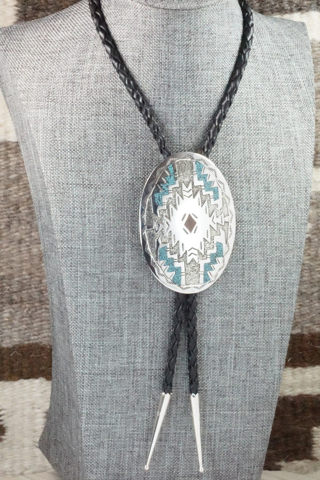 Turquoise, Coral & Sterling Silver Bolo Tie - Raymond Begay