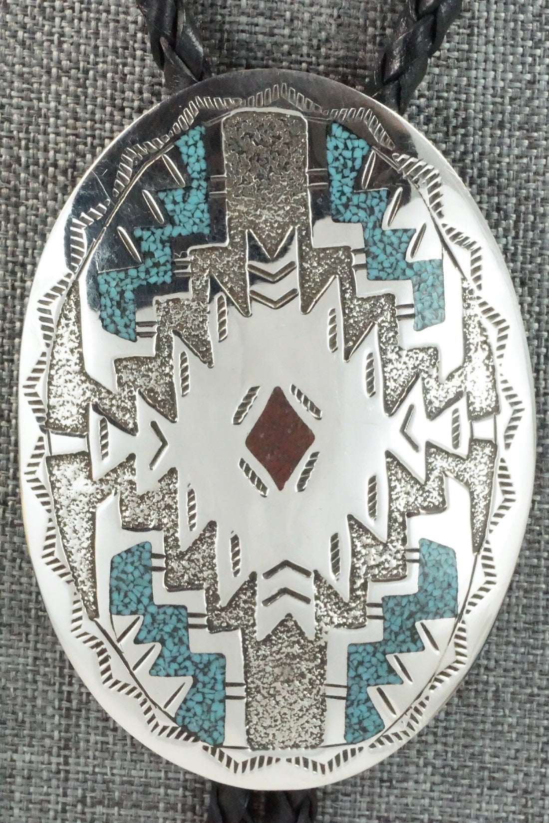 Turquoise, Coral & Sterling Silver Bolo Tie - Raymond Begay