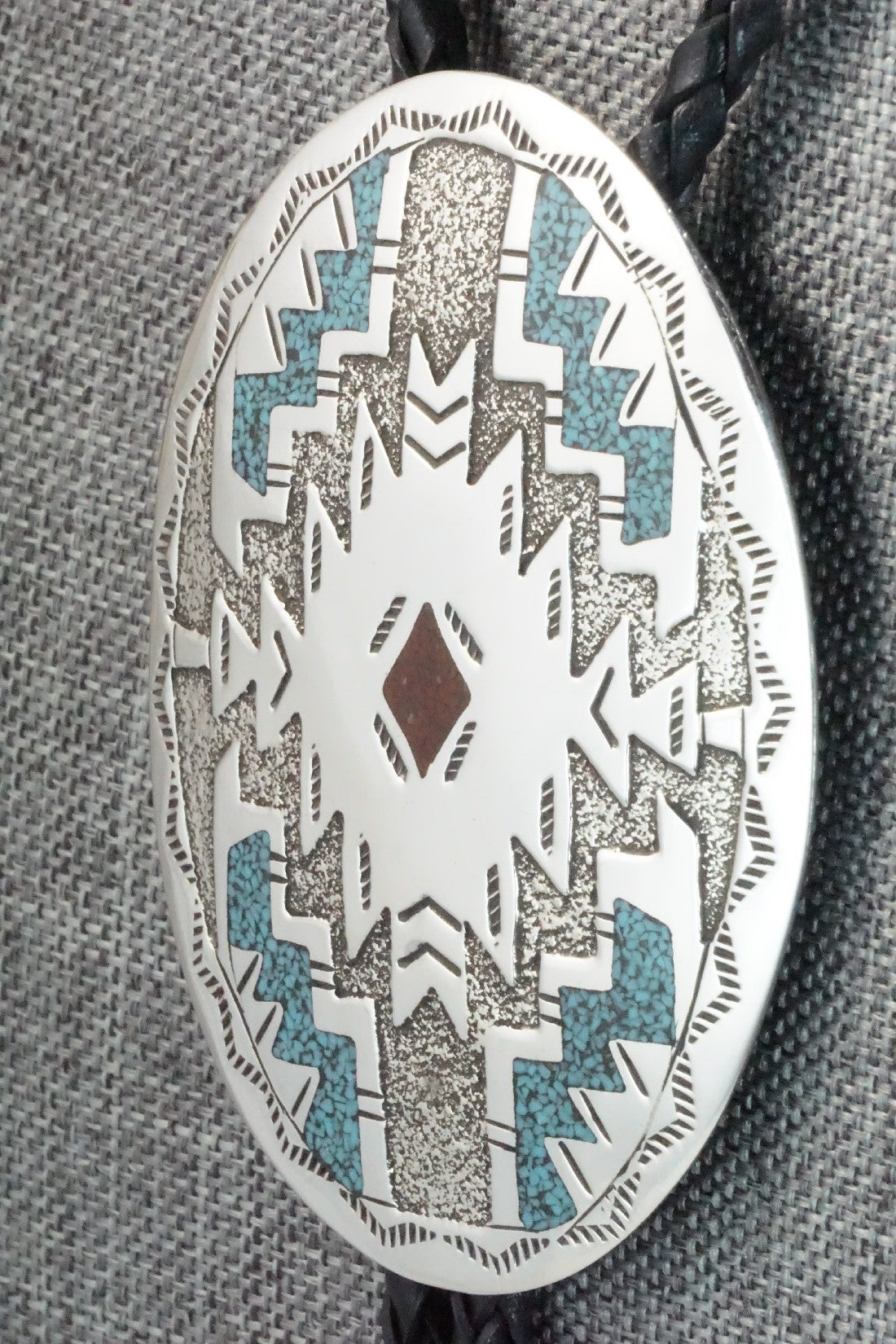 Turquoise, Coral & Sterling Silver Bolo Tie - Raymond Begay
