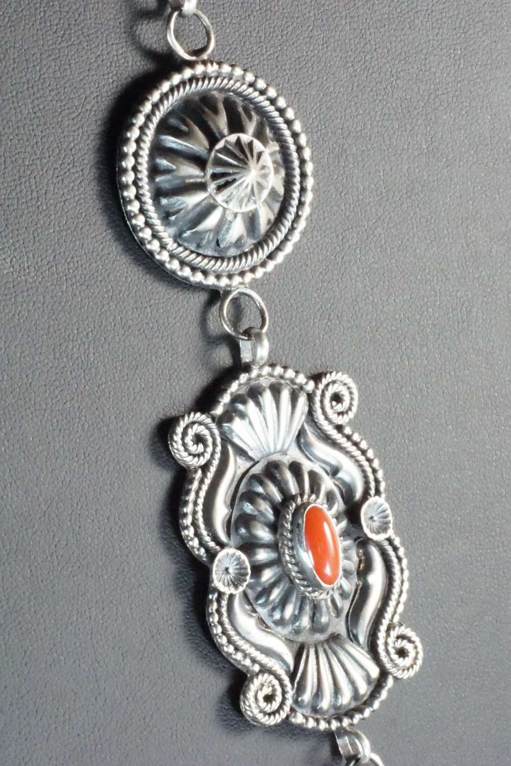 Coral & Sterling Silver Squash Blossom Necklace and Earrings - Hemerson Brown