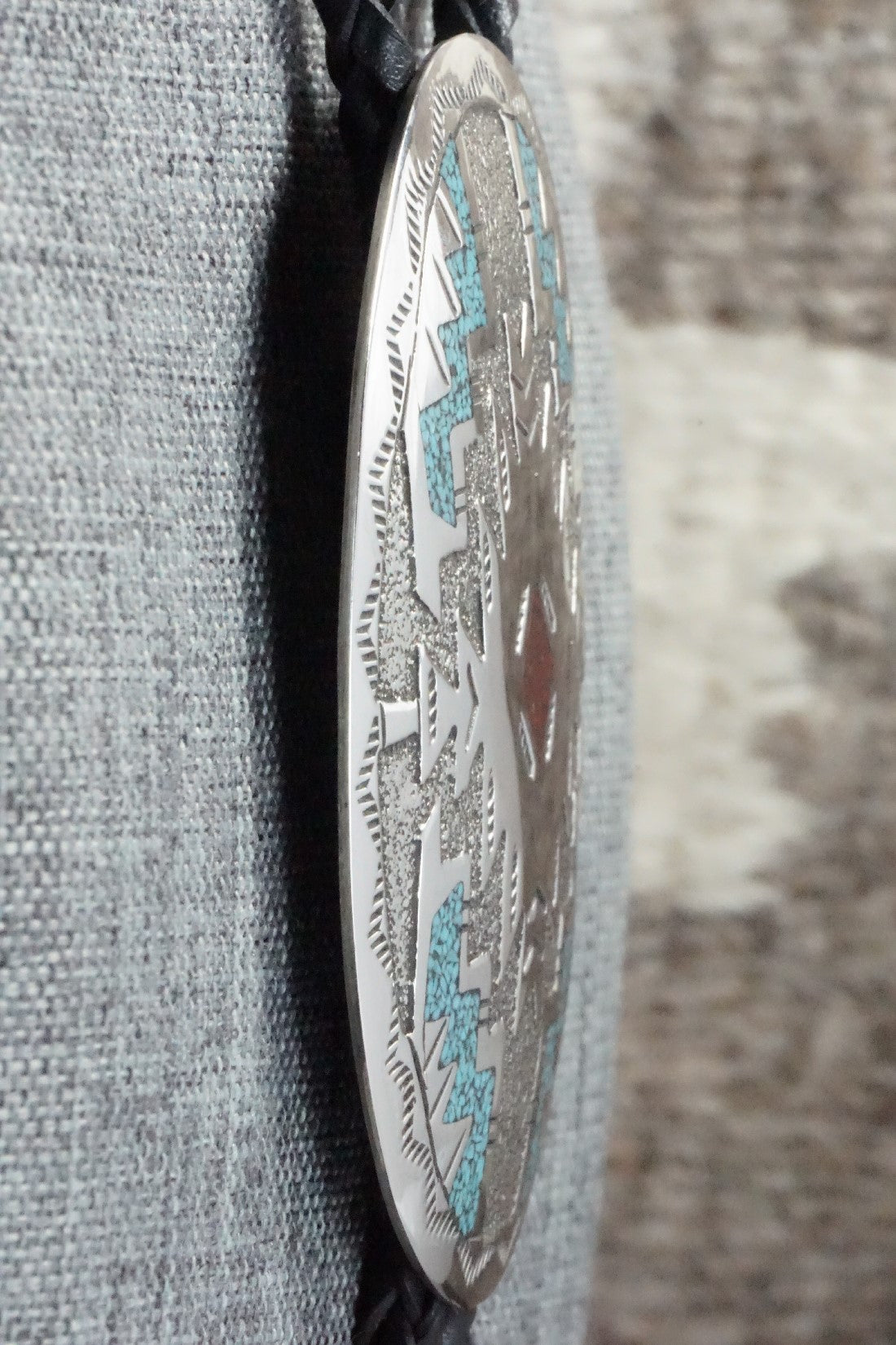 Turquoise, Coral & Sterling Silver Bolo Tie - Raymond Begay