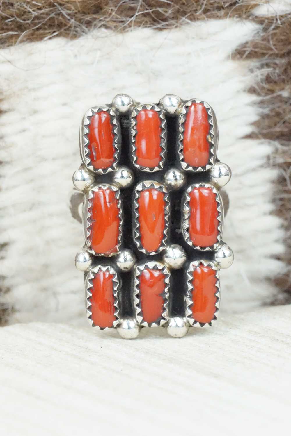 Coral & Sterling Silver Ring - Priscilla Reeder - Size 6.5