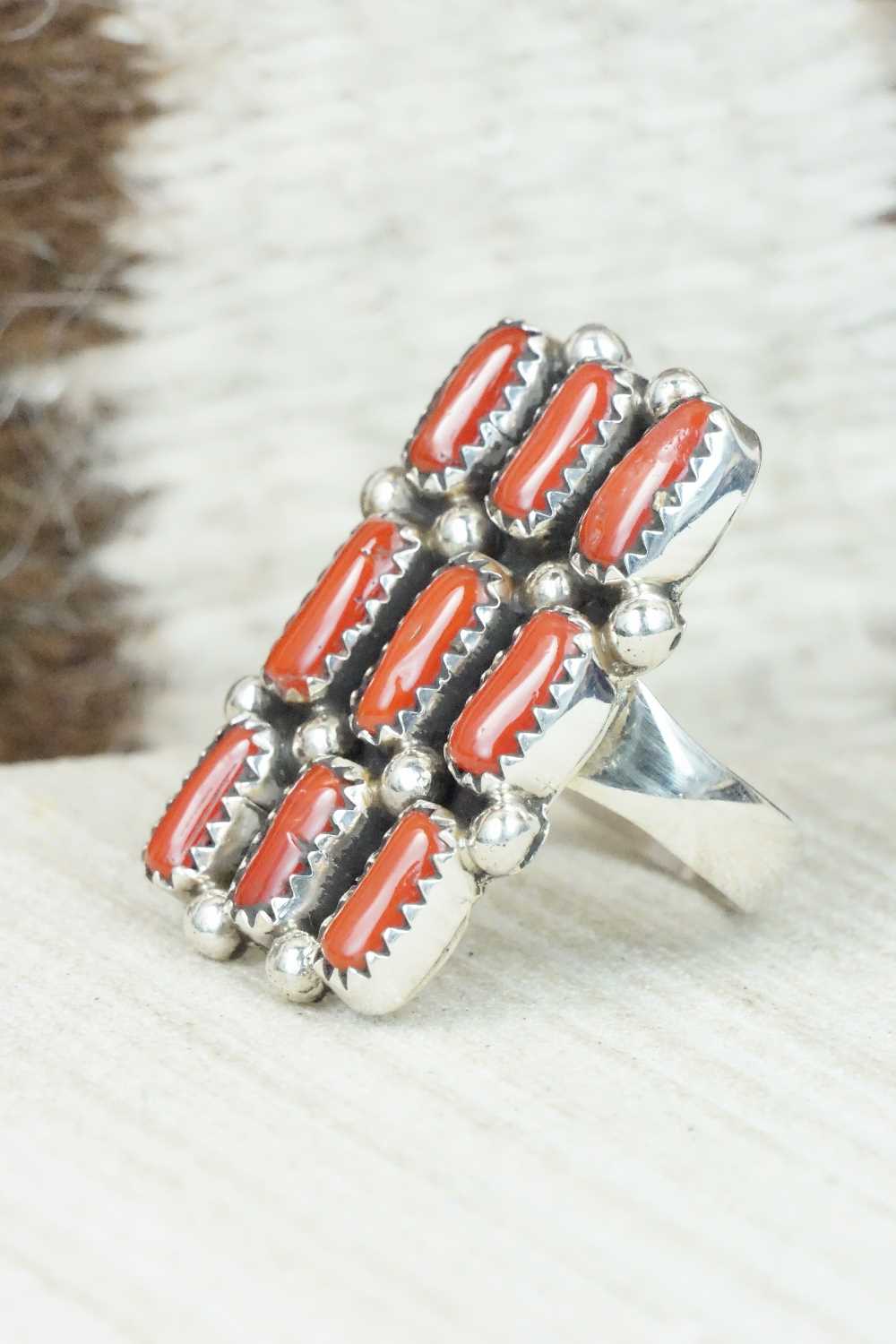 Coral & Sterling Silver Ring - Priscilla Reeder - Size 6.5