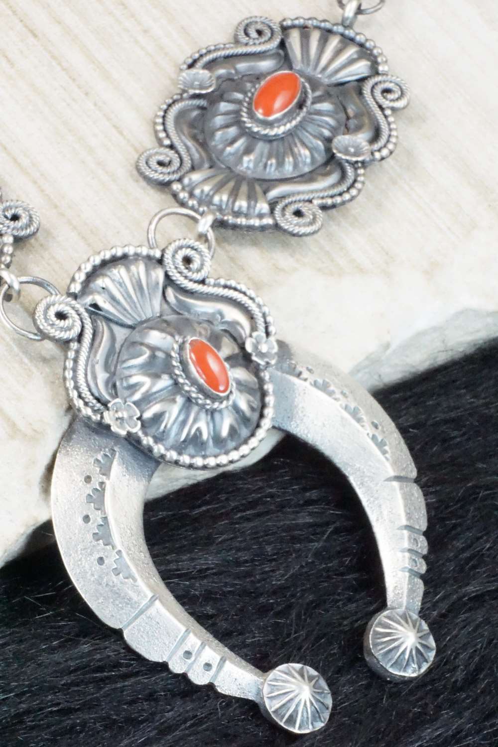 Coral & Sterling Silver Squash Blossom Necklace and Earrings - Hemerson Brown
