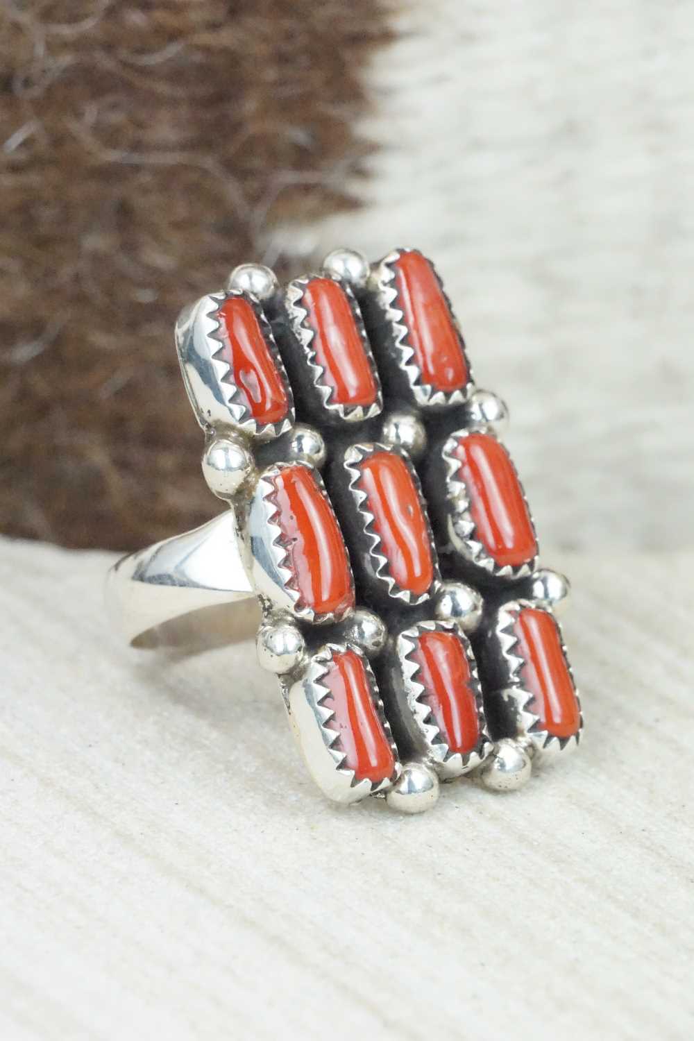 Coral & Sterling Silver Ring - Priscilla Reeder - Size 6.5