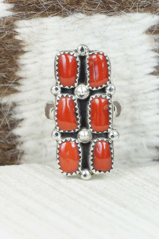 Coral & Sterling Silver Ring - Priscilla Reeder - Size 7