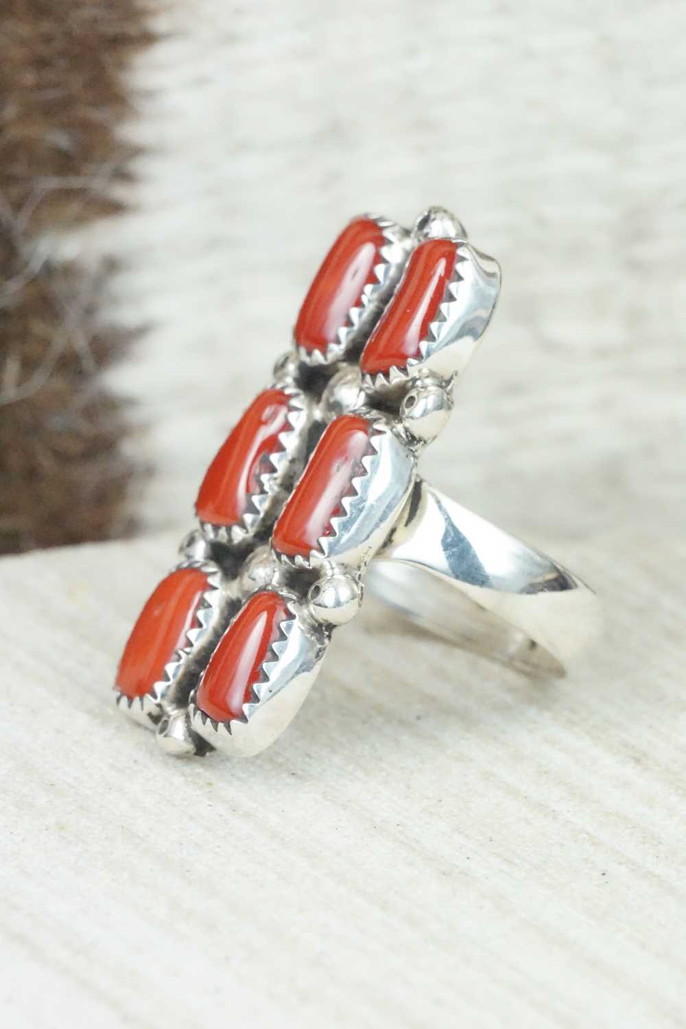 Coral & Sterling Silver Ring - Priscilla Reeder - Size 7