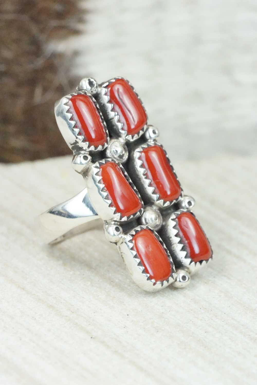 Coral & Sterling Silver Ring - Priscilla Reeder - Size 7