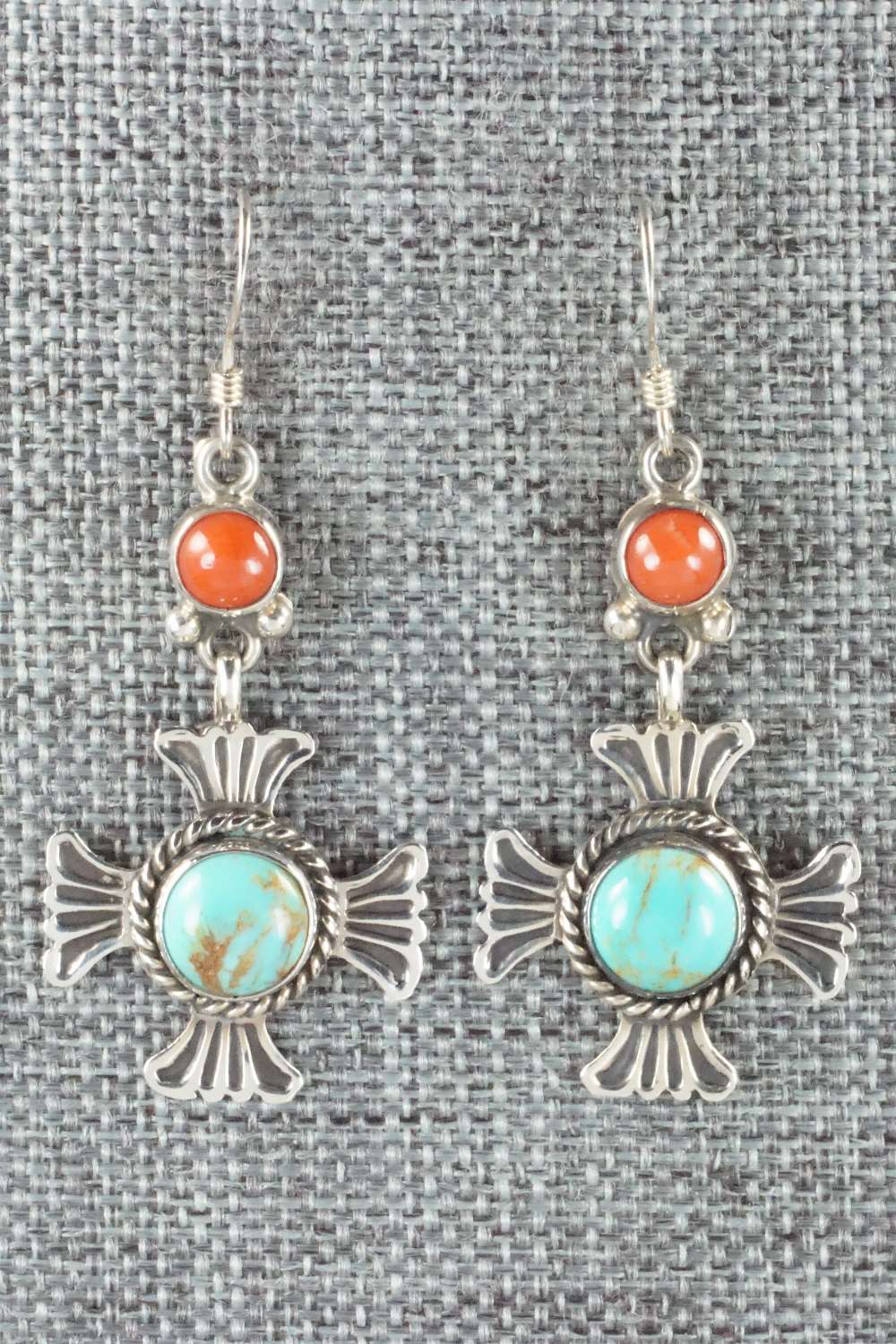 Turquoise, Coral and Sterling Silver Earrings - Pete Morgan
