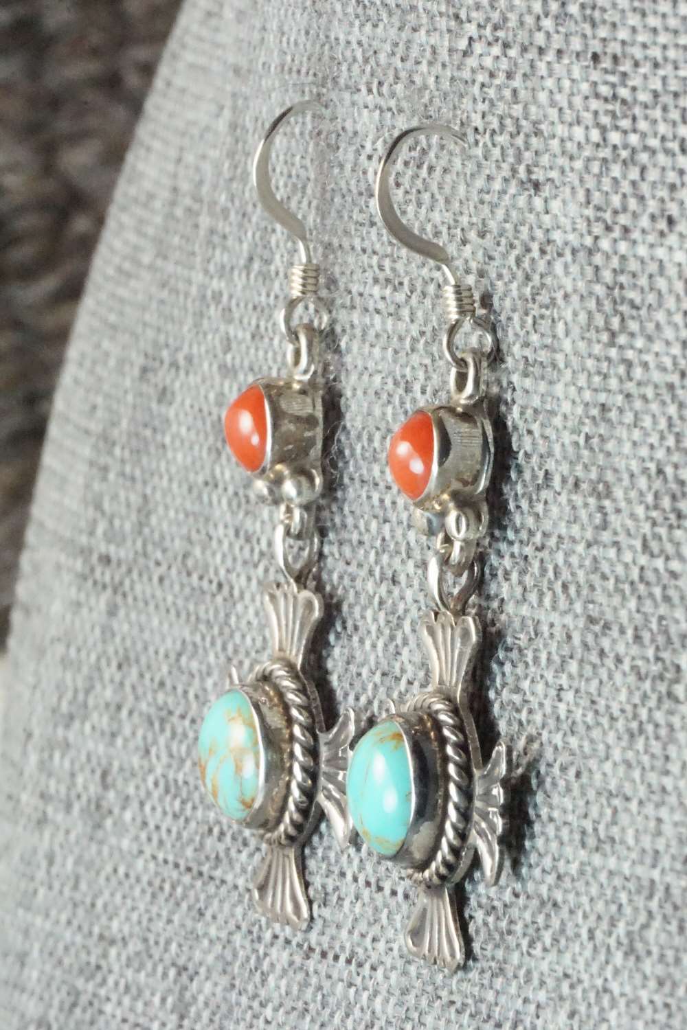 Turquoise, Coral and Sterling Silver Earrings - Pete Morgan