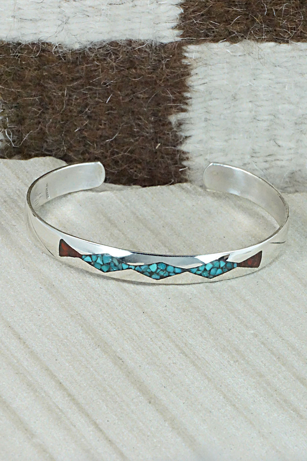 Turquoise, Coral Chip Inlay & Sterling Silver Bracelet - Jolene Yazzie