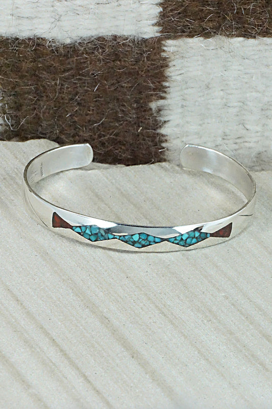 Turquoise, Coral Chip Inlay & Sterling Silver Bracelet - Jolene Yazzie