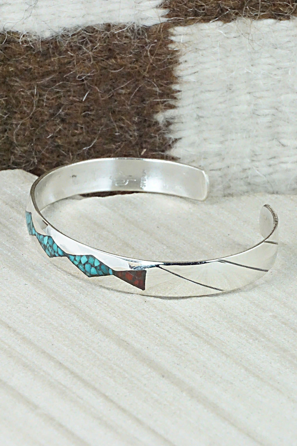 Turquoise, Coral Chip Inlay & Sterling Silver Bracelet - Jolene Yazzie