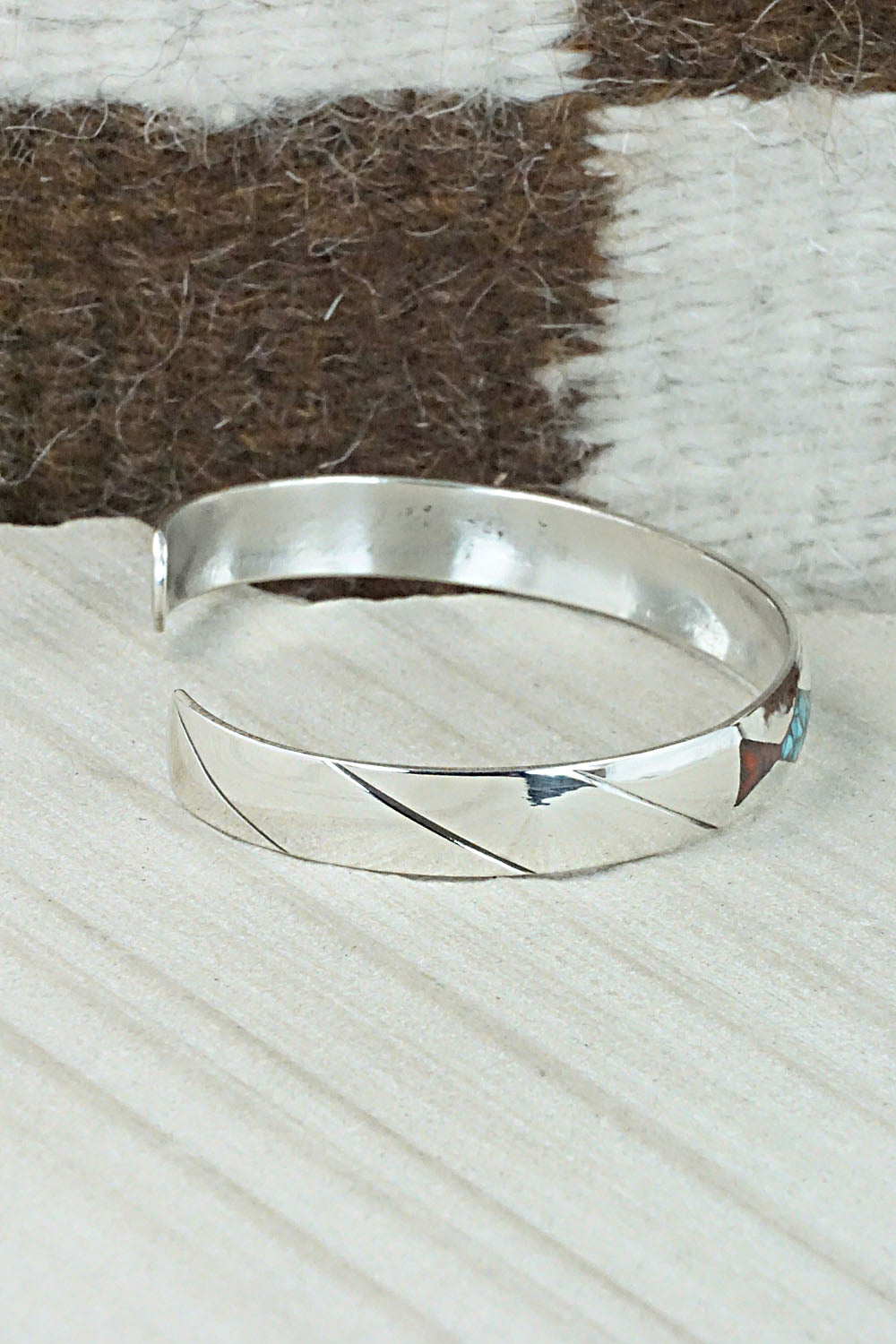 Turquoise, Coral Chip Inlay & Sterling Silver Bracelet - Jolene Yazzie