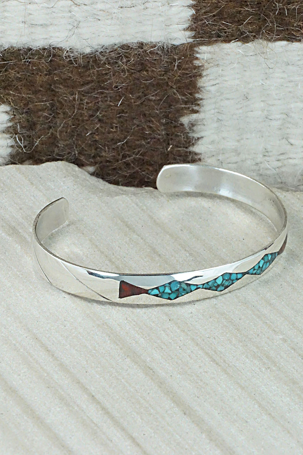 Turquoise, Coral Chip Inlay & Sterling Silver Bracelet - Jolene Yazzie
