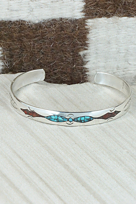 Turquoise, Coral Chip Inlay & Sterling Silver Bracelet - Jolene Yazzie