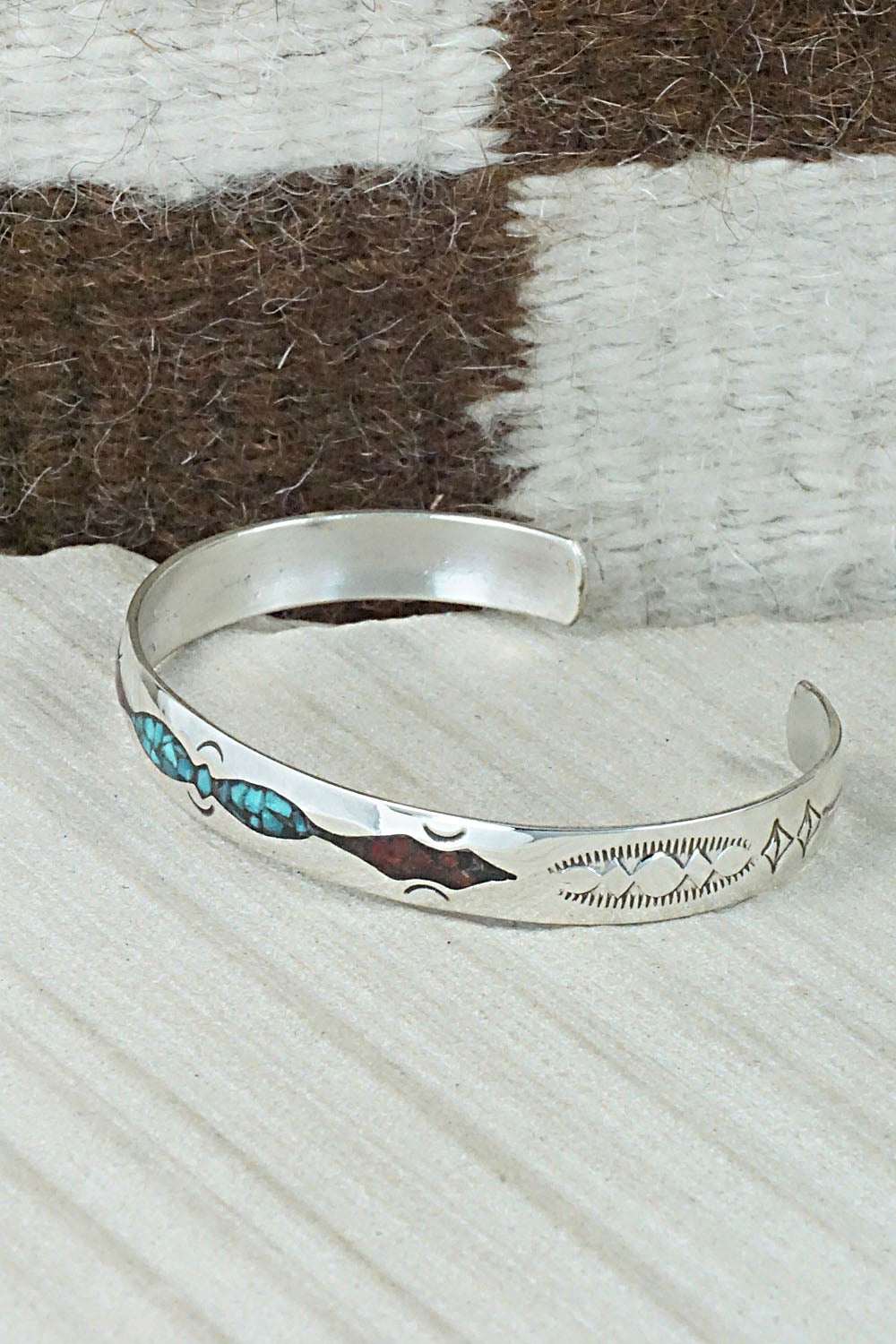 Turquoise, Coral Chip Inlay & Sterling Silver Bracelet - Jolene Yazzie