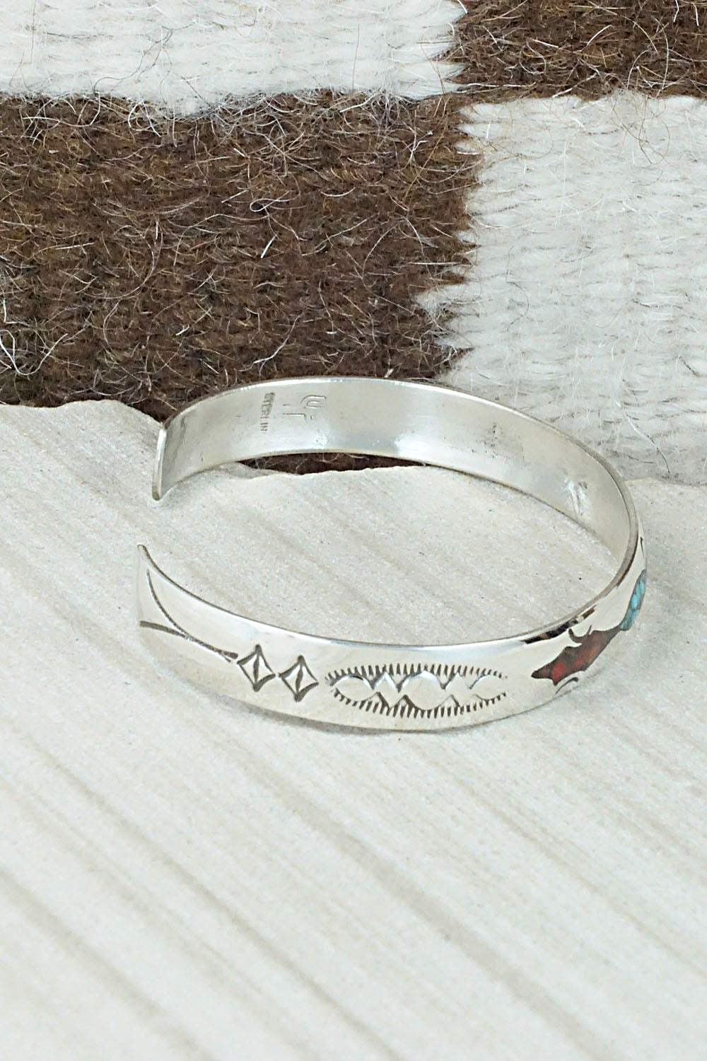 Turquoise, Coral Chip Inlay & Sterling Silver Bracelet - Jolene Yazzie