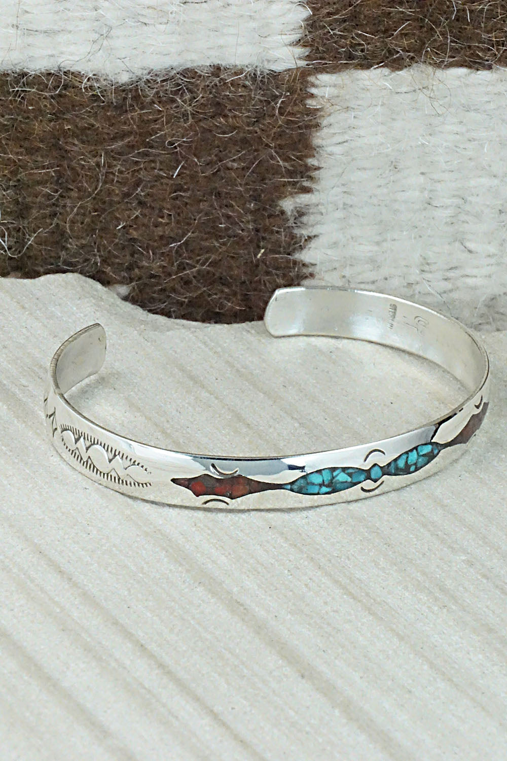Turquoise, Coral Chip Inlay & Sterling Silver Bracelet - Jolene Yazzie