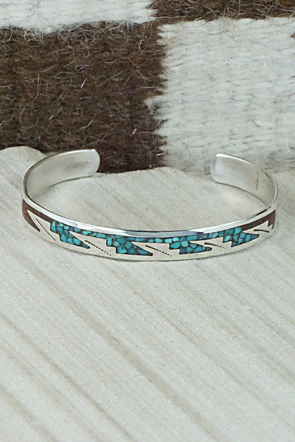 Turquoise, Coral Chip Inlay & Sterling Silver Bracelet - Jolene Yazzie
