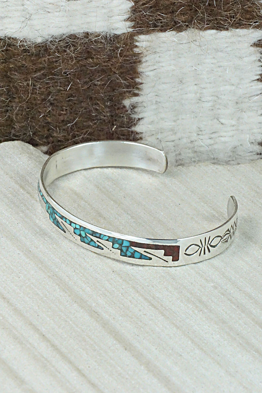 Turquoise, Coral Chip Inlay & Sterling Silver Bracelet - Jolene Yazzie