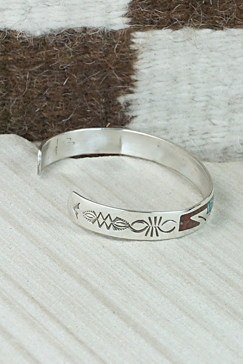 Turquoise, Coral Chip Inlay & Sterling Silver Bracelet - Jolene Yazzie
