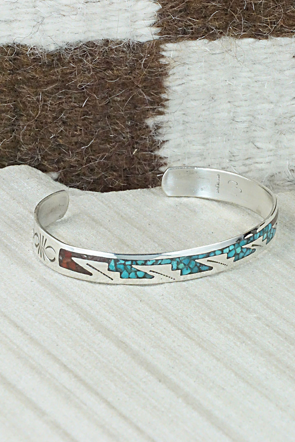 Turquoise, Coral Chip Inlay & Sterling Silver Bracelet - Jolene Yazzie