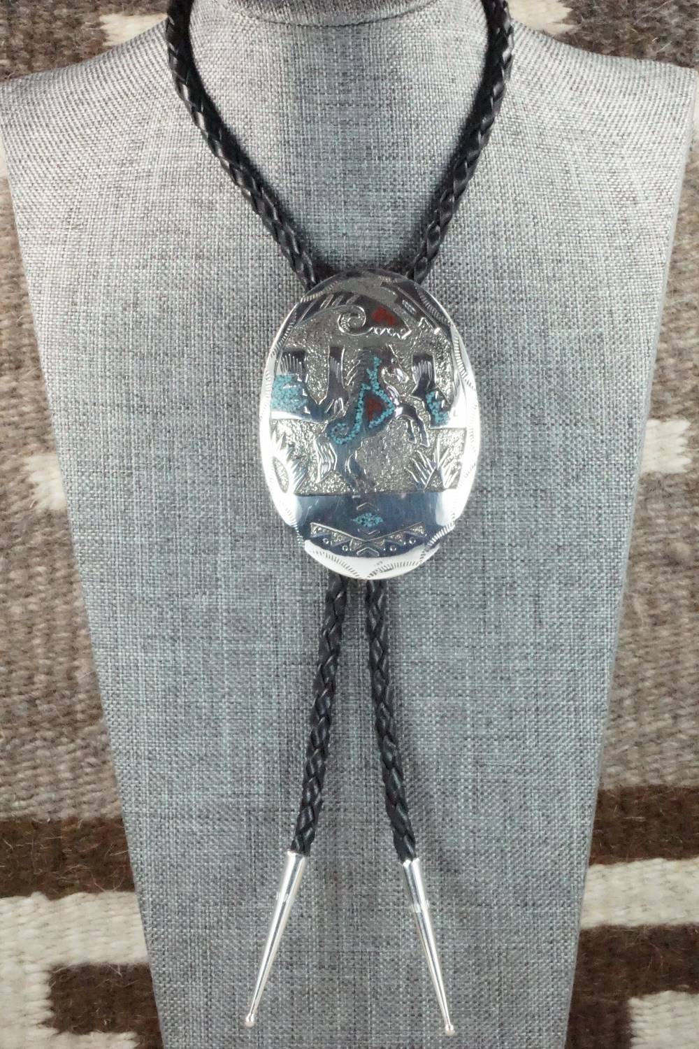 Turquoise, Coral & Sterling Silver Bolo Tie - Raymond Begay