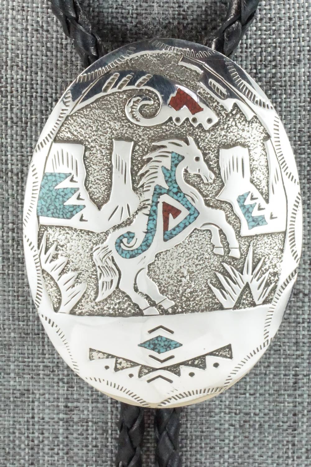Turquoise, Coral & Sterling Silver Bolo Tie - Raymond Begay
