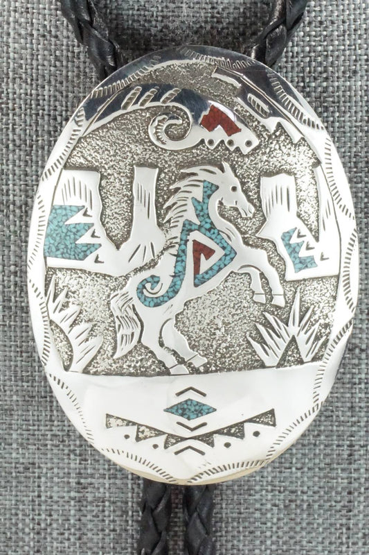 Turquoise, Coral & Sterling Silver Bolo Tie - Raymond Begay