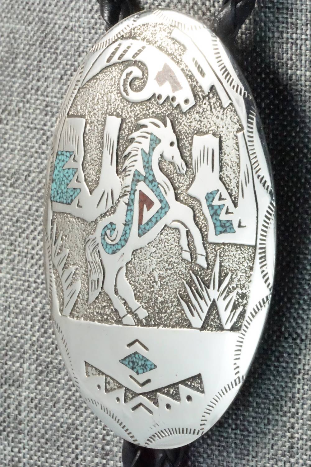 Turquoise, Coral & Sterling Silver Bolo Tie - Raymond Begay