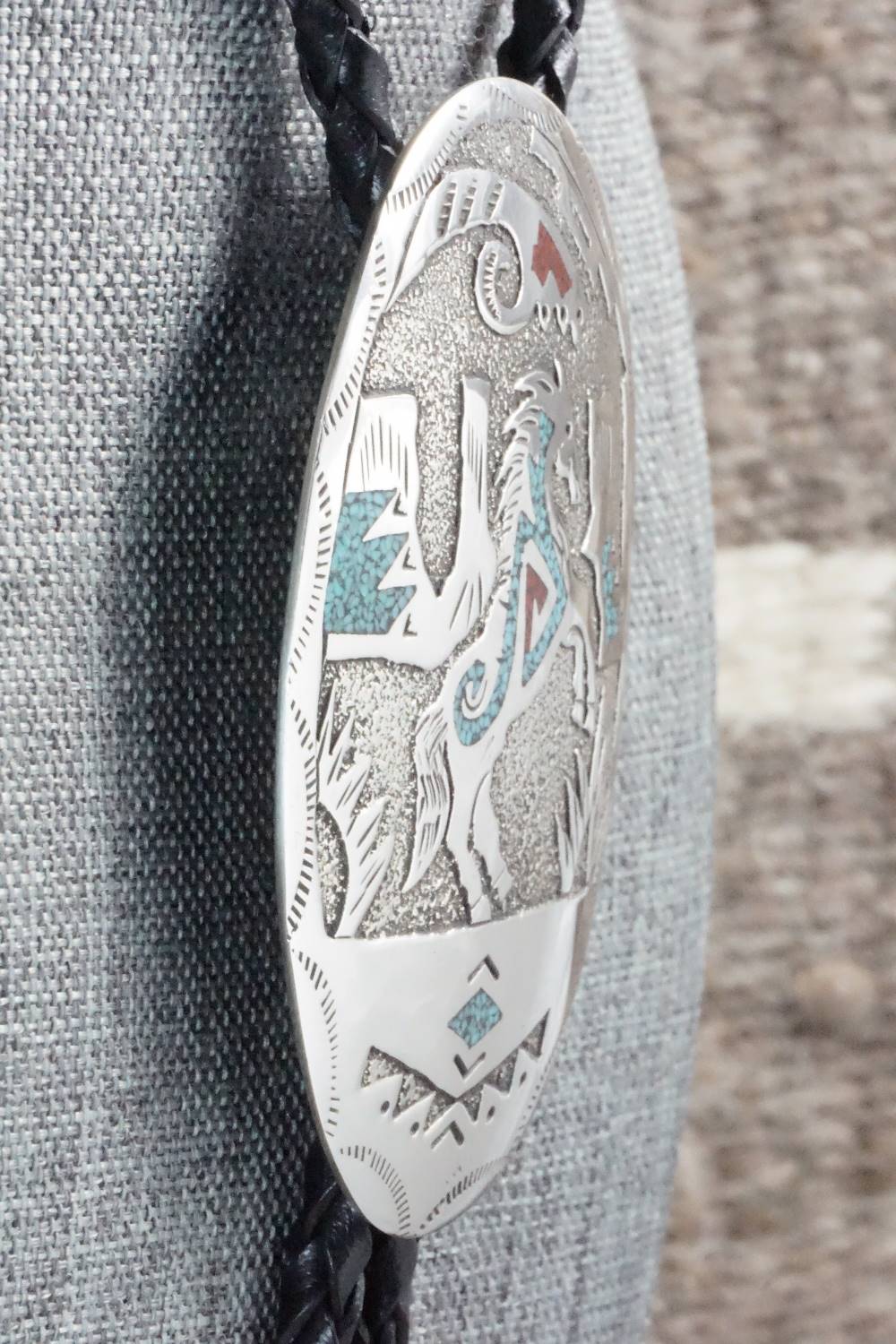 Turquoise, Coral & Sterling Silver Bolo Tie - Raymond Begay