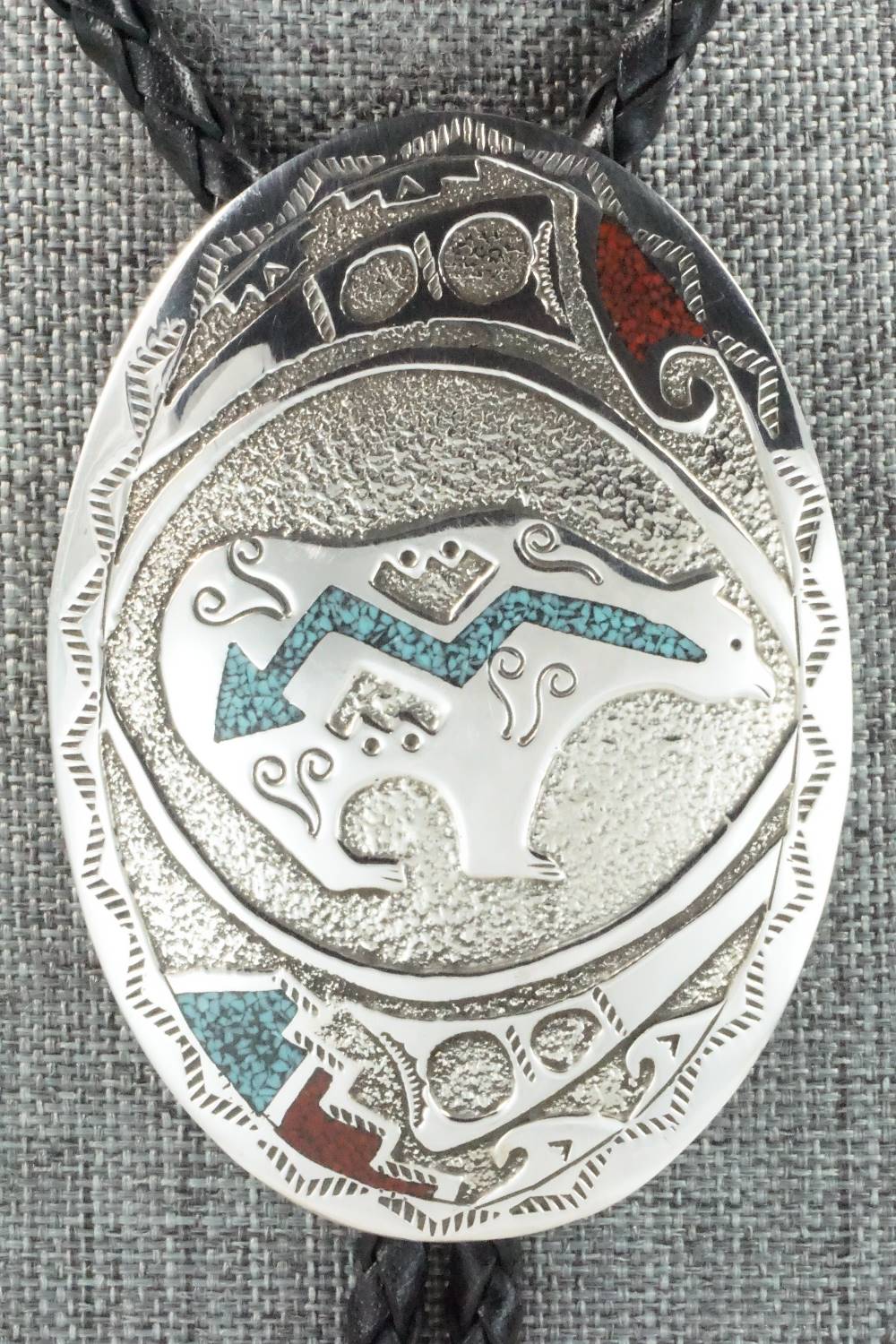 Turquoise, Coral & Sterling Silver Bolo Tie - Raymond Begay