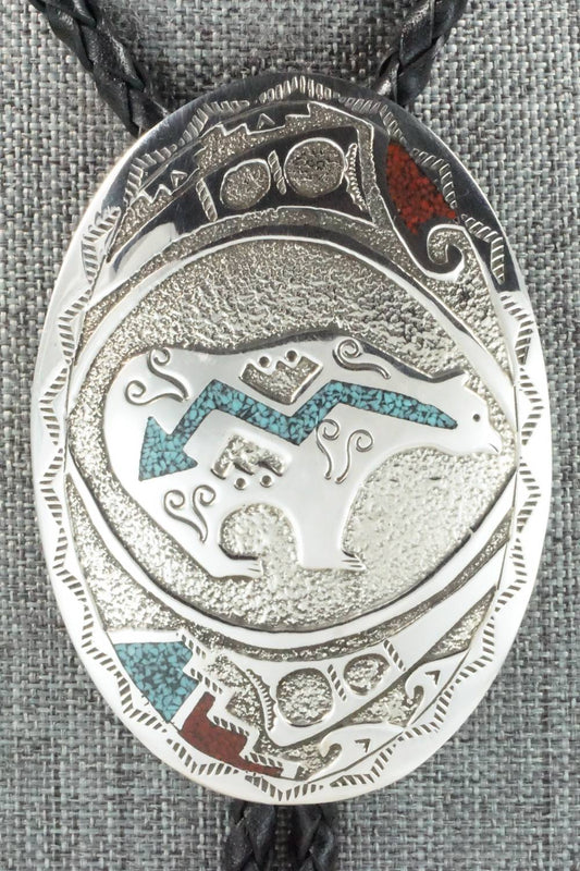Turquoise, Coral & Sterling Silver Bolo Tie - Raymond Begay