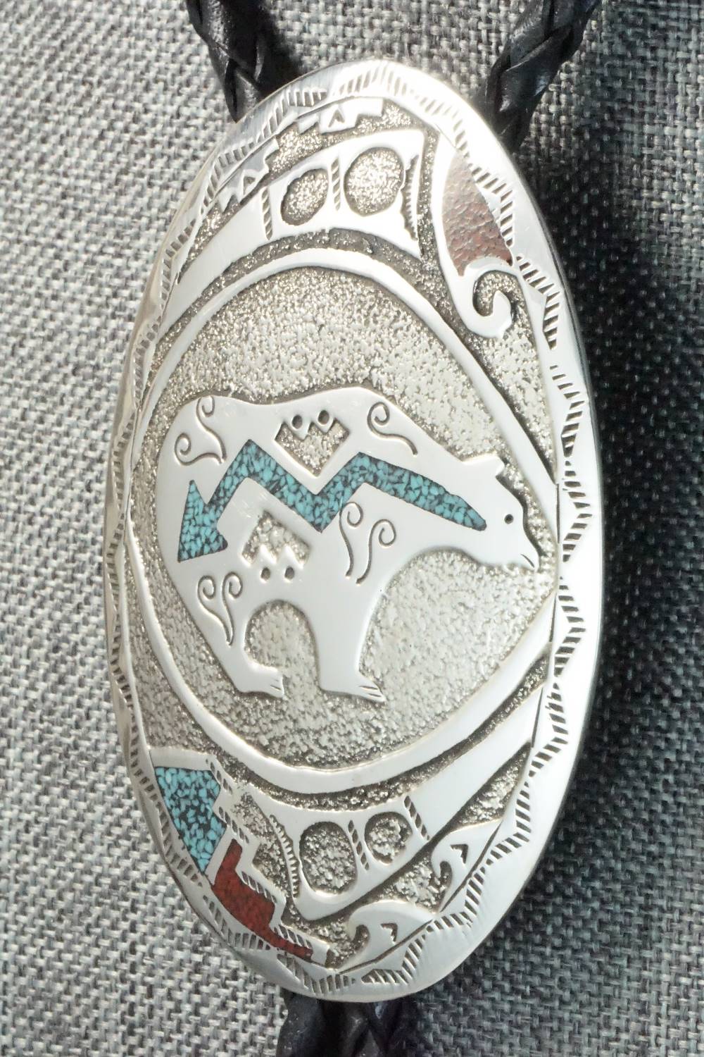 Turquoise, Coral & Sterling Silver Bolo Tie - Raymond Begay