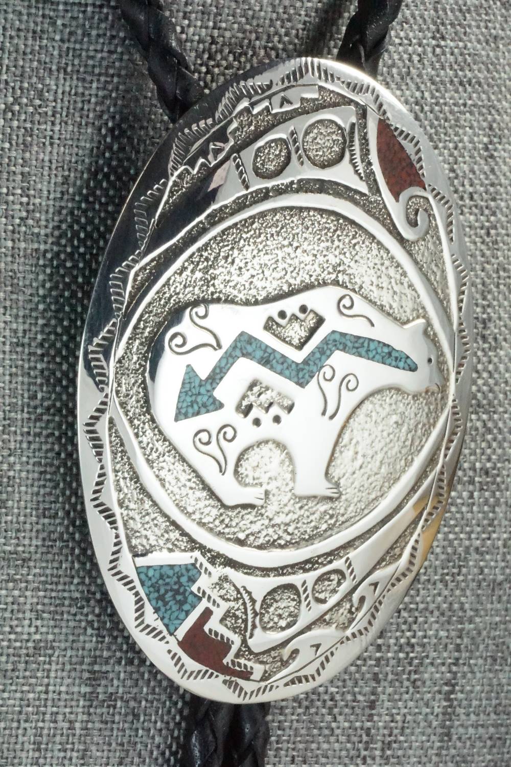 Turquoise, Coral & Sterling Silver Bolo Tie - Raymond Begay