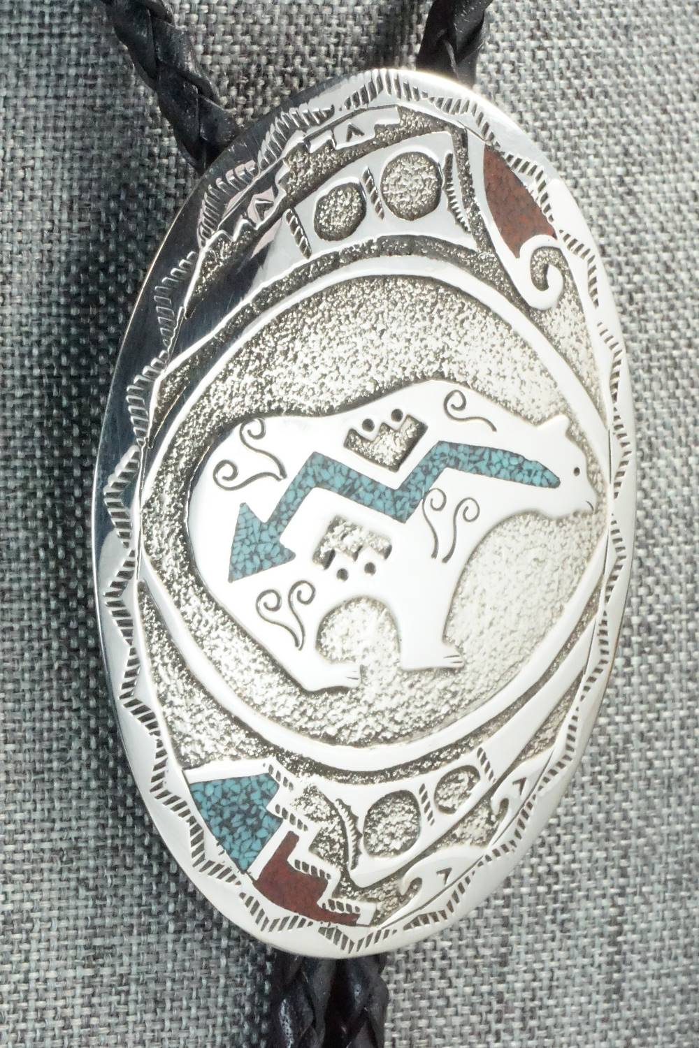 Turquoise, Coral & Sterling Silver Bolo Tie - Raymond Begay