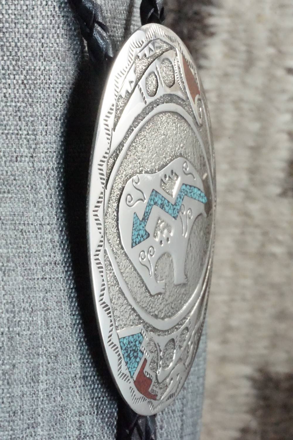 Turquoise, Coral & Sterling Silver Bolo Tie - Raymond Begay