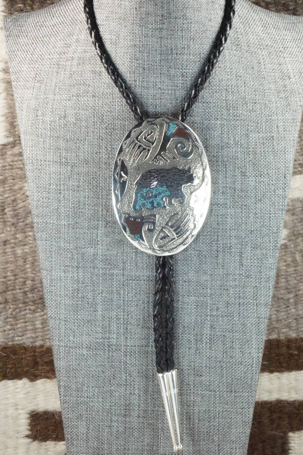 Turquoise, Coral & Sterling Silver Bolo Tie - Raymond Begay