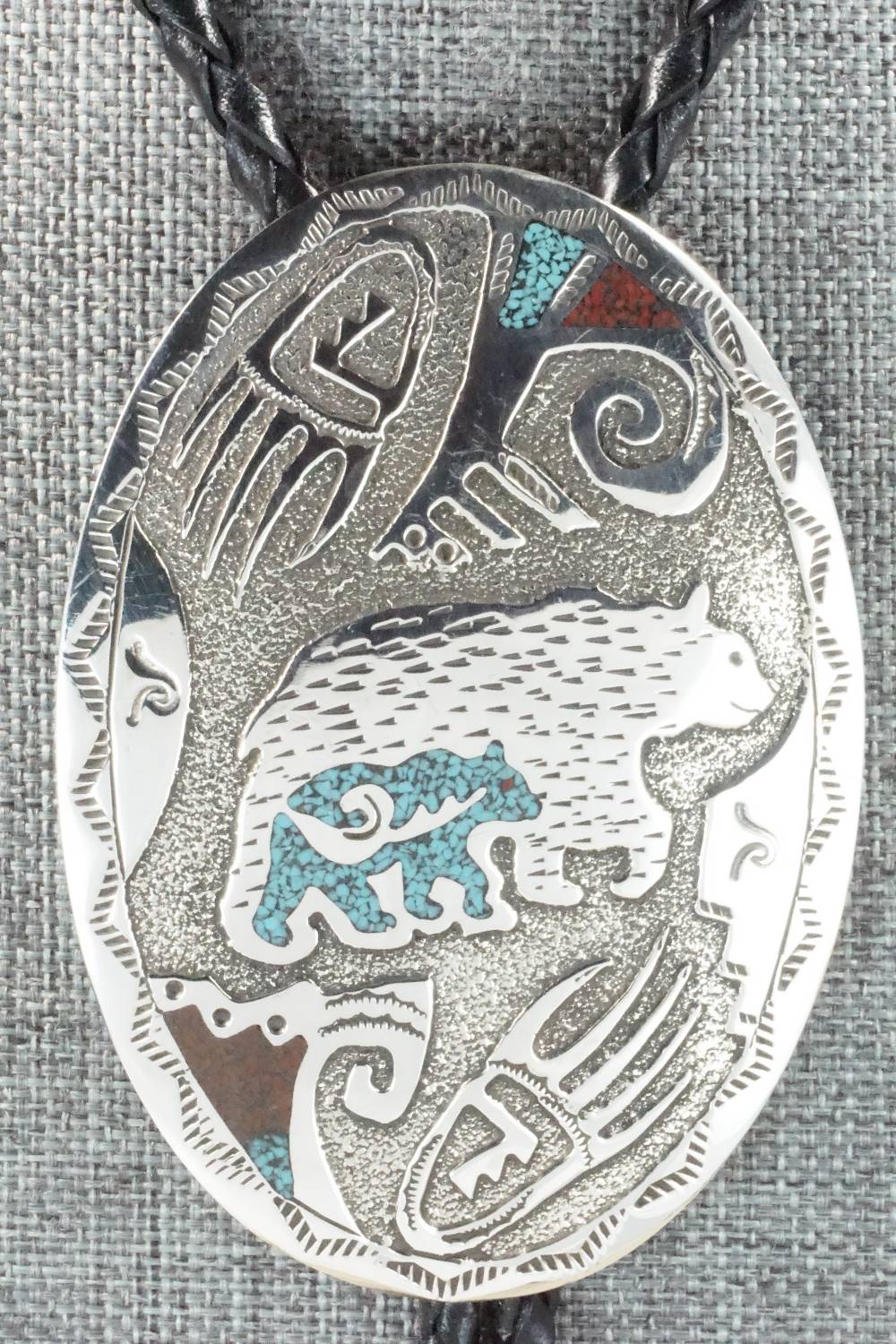 Turquoise, Coral & Sterling Silver Bolo Tie - Raymond Begay