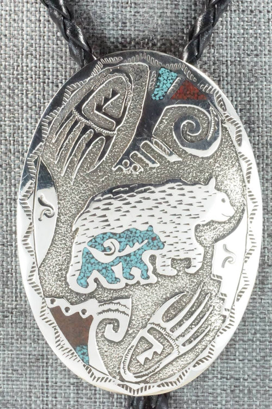 Turquoise, Coral & Sterling Silver Bolo Tie - Raymond Begay