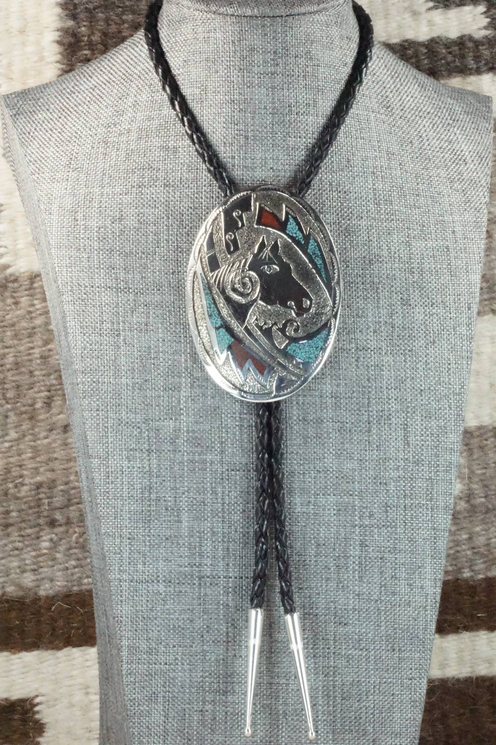 Turquoise, Coral & Sterling Silver Bolo Tie - Raymond Begay