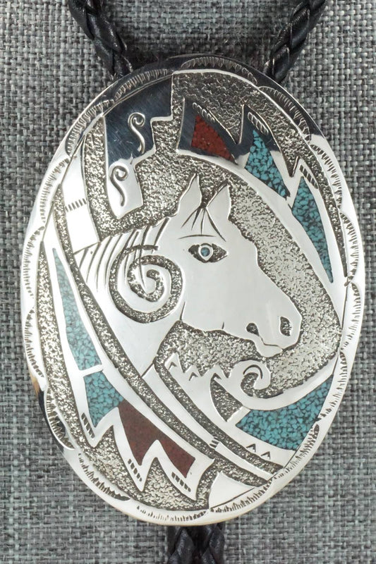 Turquoise, Coral & Sterling Silver Bolo Tie - Raymond Begay