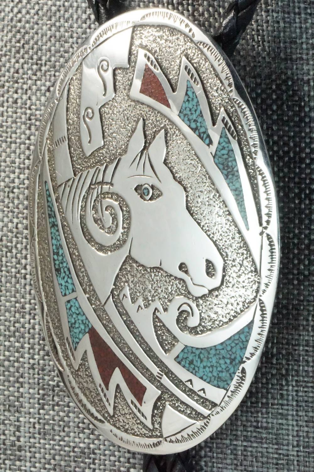 Turquoise, Coral & Sterling Silver Bolo Tie - Raymond Begay