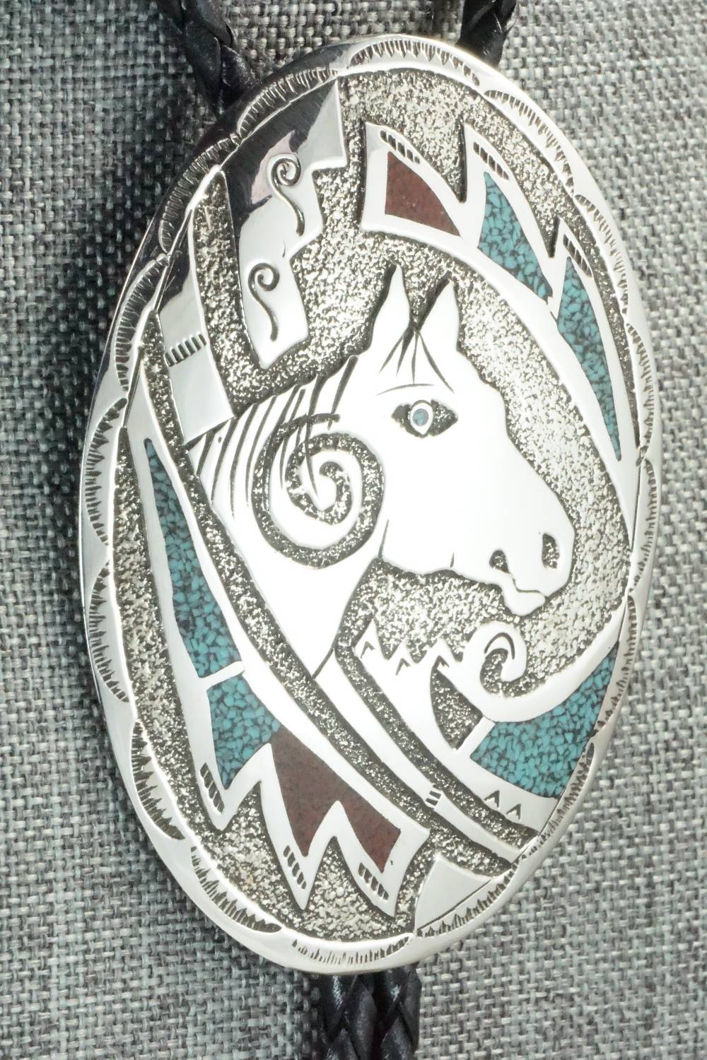 Turquoise, Coral & Sterling Silver Bolo Tie - Raymond Begay