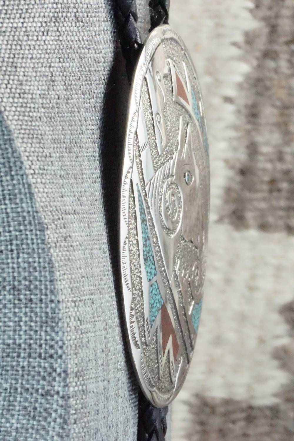 Turquoise, Coral & Sterling Silver Bolo Tie - Raymond Begay